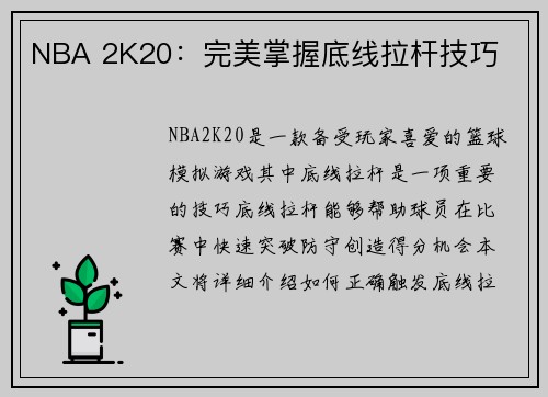 NBA 2K20：完美掌握底线拉杆技巧